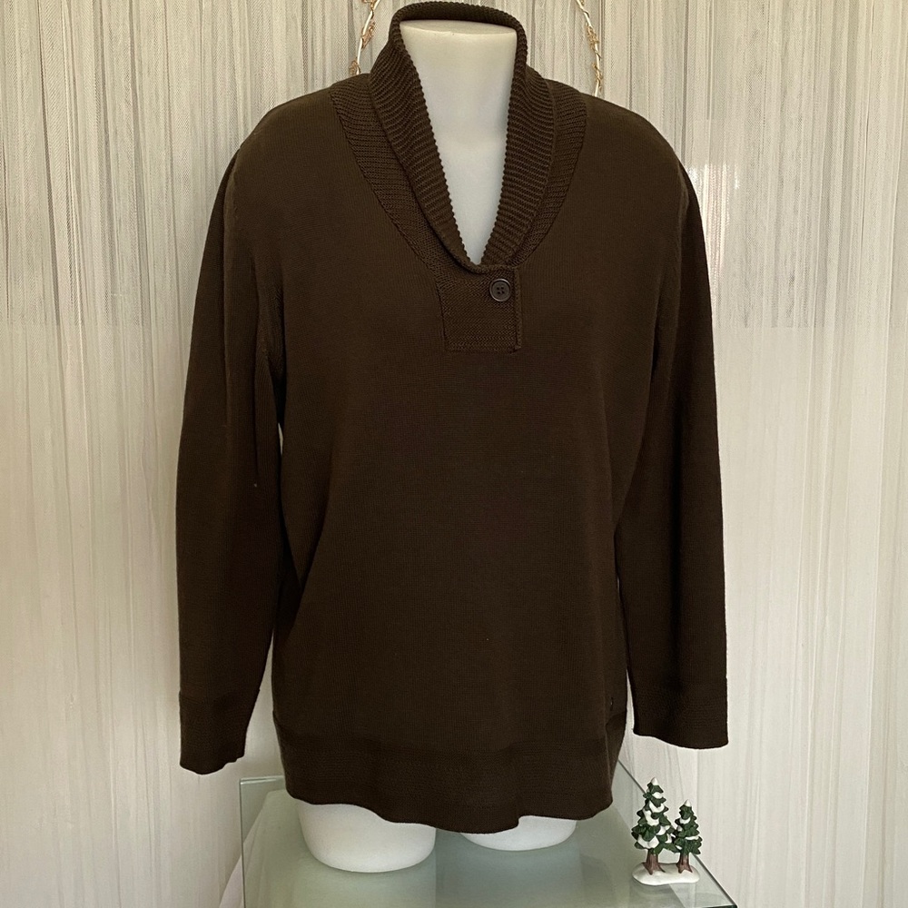 Olsen Europe Women's Brown V-Folded Collar Sweater Wool Blend 1 button Size 14